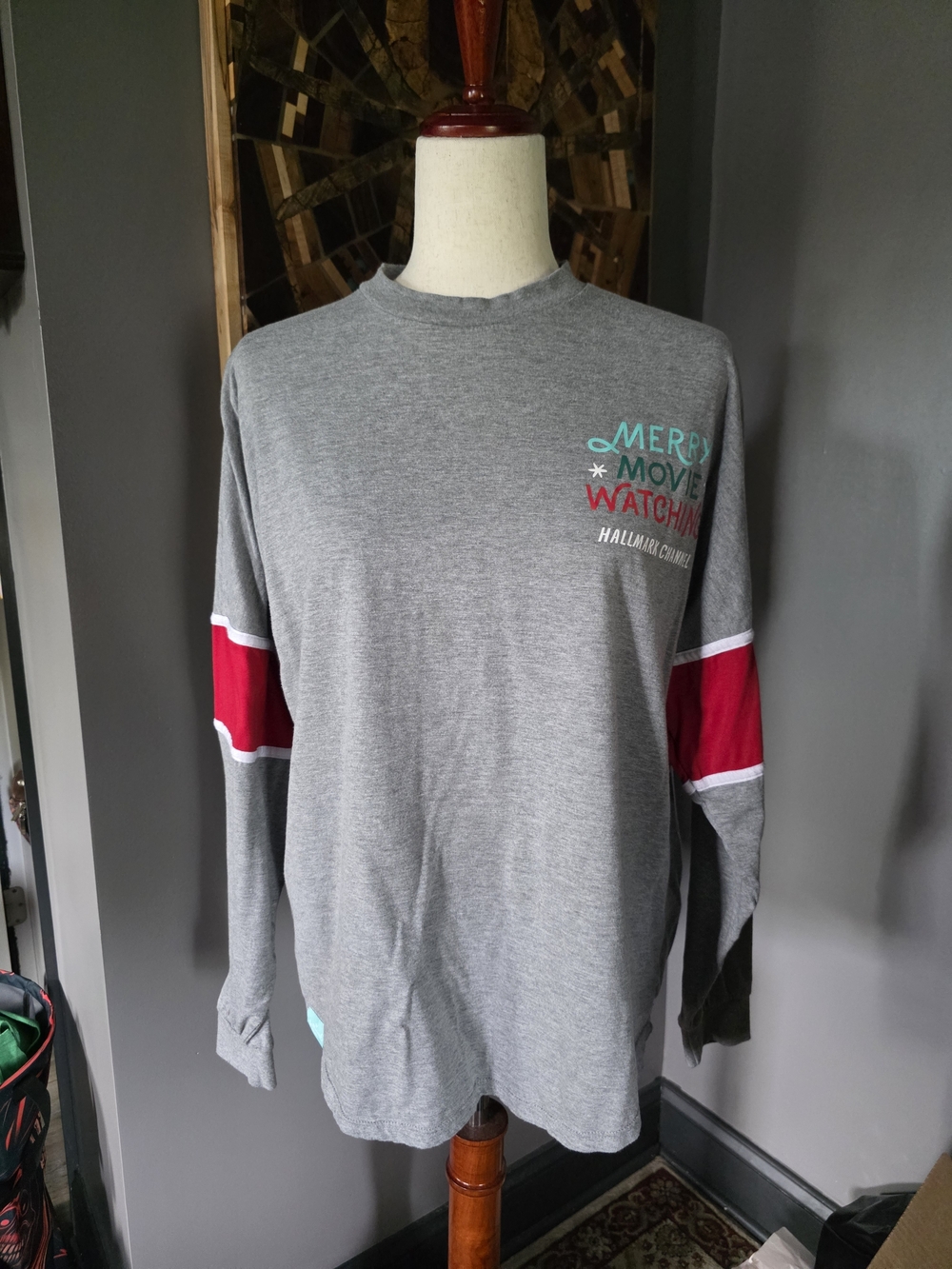 "Hallmark Channel" Gray Long-Sleeve Jersey Shirt with Red Sleeve Panels